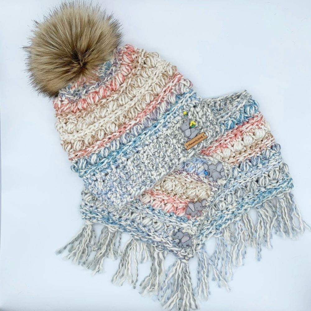MaiahLove child scarf cowl beanie hat set Elephant gray blue tan beige oatmeal